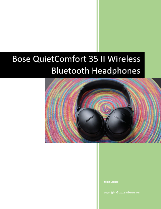 Screenshot of cover of Owners Manual featuring black headphones in a swirling, circular multi colored background. A green vertical rectangle is on the right.